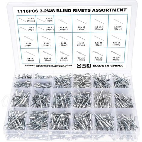 1110 Pièces Rivets Aveugles en Aluminium 3,2/4/4,8 mm, 20 Tailles Kit d'Assortiment de Rivets Pop avec Boîte de Rangement pour Métal Bois Plastique (1/5)