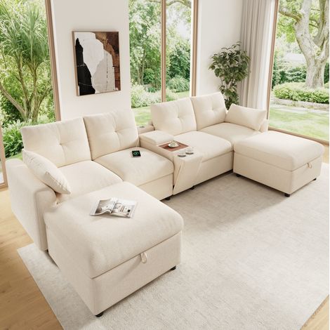 Canapé d'angle modulable 6 places 316 x 140 x 84,5 cm en chenille beige HAVRYA (1/5)