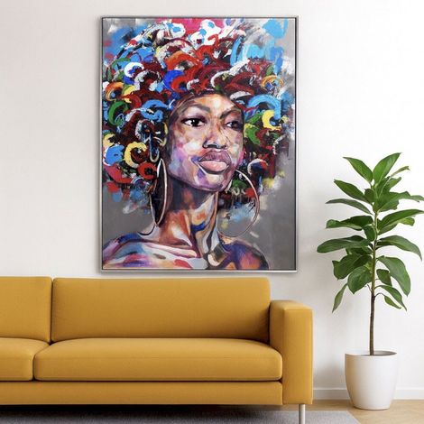 Tableau Encadrée Portrait Africaine Multicolore toile 90x4x120cm (1/2)