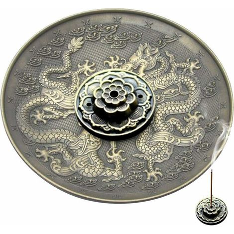Support d'Encens Porte d'Encens Plaque Titulaire Vintage d'Encens Brûleur Couverture Bronze Chinois Dragon Phoenix Tibétain Plaque d'Encens Vintage FengShui Décoration (Bronze) (1/5)