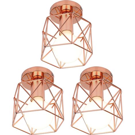 Deckenleuchte Vintage Deckenlampe mit Ø15cm Würfel-Form Käfig Semi-Flush Mount Licht mit E27 Fassung für Loft Esszimmer Schlafzimmer Rosegold 3PCS