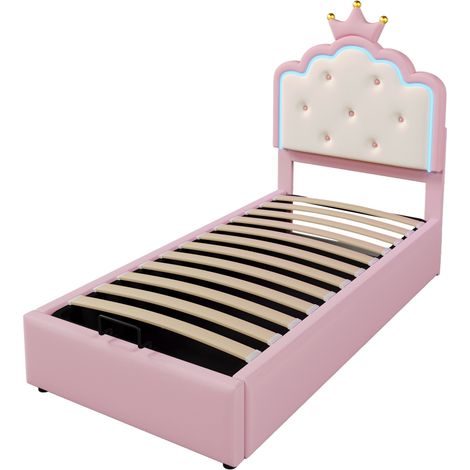 Letto imbottito per bambini 90x200 cm con rete, LED telecomandato e vano contenitore rosa (1/5)