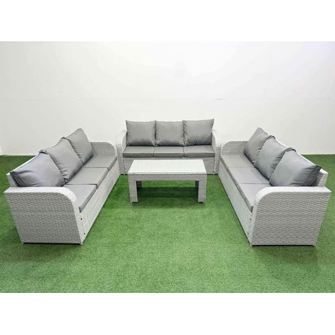 Fimous PE Rattan Lounge Sofa Set 9 Seater Outdoor Garden Furniture Set with Oblong Coffee Table 3 Seater Sofa Light Grey (1/4)