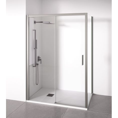 BELLOBATH - Mampara de Ducha Angular 1 Corredera + 2 fijos - Vidrio Antical - Plata - Ancho Adaptable 150-155x87-90 - Puerta Derecha