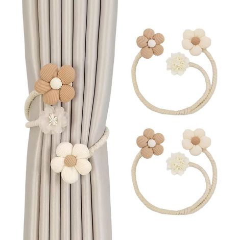 2 Pièces D'embrasses de Rideaux, Attaches de Rideaux à Fleurs Boho Pivotantes à 360°, Attaches de Rideau à Fleurs Réglables, sans Perforation Pinces à Rideaux Décoratives (Beige+ Marron) (1/5)