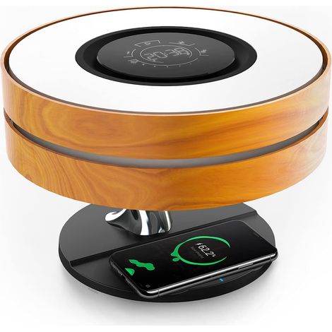 Nachttischlampe mit Bluetooth-Lautsprecher und kabellosem Ladegerät, Tischlampe mit Schlafmodus und stufenloser Dimmfunktion