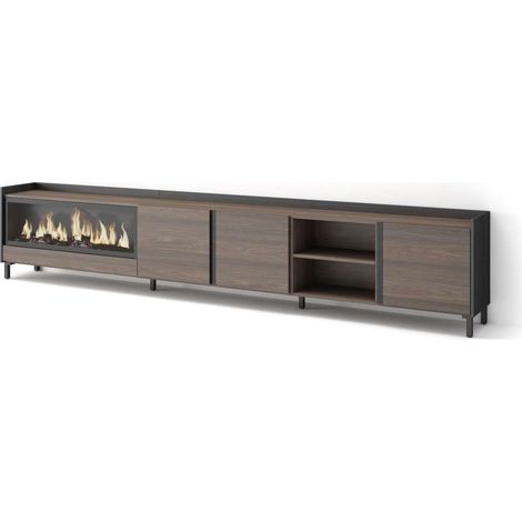Mueble TV Chilches-02 de 315x61x35 cm con chimenea eléctrica XXL, diseño industrial, color roble oscuro y negro (1/4)