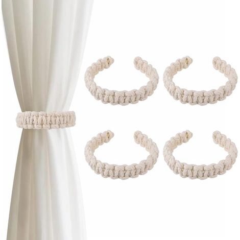 Embrasses de rideaux en jute et coton – Lot de 4 – Supports décoratifs style bohème – Pour salon et chambre – Coton blanc cassé (1/5)