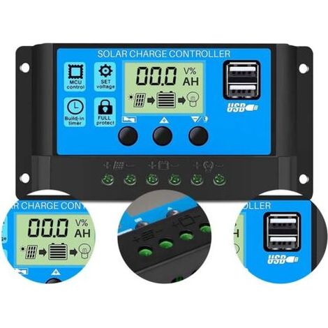 Régulateur de charge solaire PWM 30 A Sjqka – Compatible 12 V / 24 V, écran LCD, double USB 5 V / 2 A, protection surcharge & court-circuit (1/5)