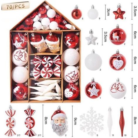 Lot de 70 Boule de Noël Rouge et Blanche, Boules de Noël en Plastique Incassable Boule d’Arbre de Noël Paillette Brillant (1/4)