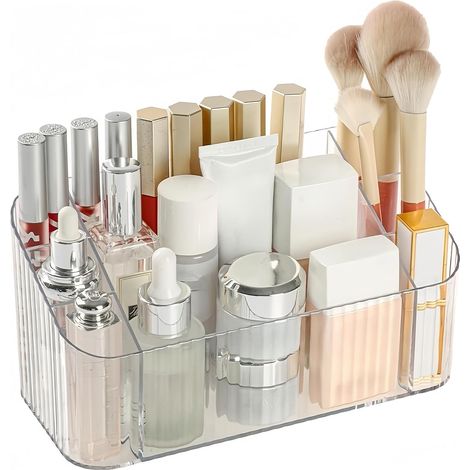Boîte de rangement de maquillage, boîte de rangement transparente pour les pinceaux de maquillage, boîte de rangement avec 7 compartiments pour les produits de soins de la peau, adaptée à la salle de (1/5)