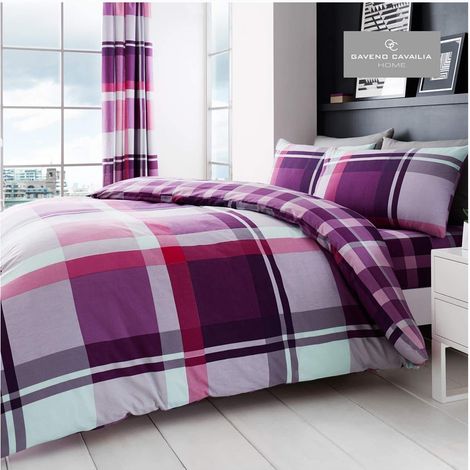 Housse de Couette et taies d'oreiller en Polycoton à Carreaux pour lit King Size (230 x 220 cm) Housses de lit Douces Violet (1/4)