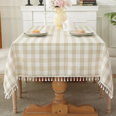 Waschbare, rechteckige Tischdecke, Karomuster, fließendes Baumwollfutter – ideal für Picknicks, Küche oder Esszimmer – beige – rechteckig – 140 cm x 305 cm (1/5)