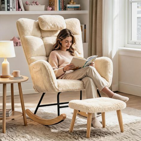 IDEALHOUSE Fauteuil à bascule ergonomique à dossier haut avec repose-pieds, rembourré, structure acier et pieds bois - Camel Color (1/5)