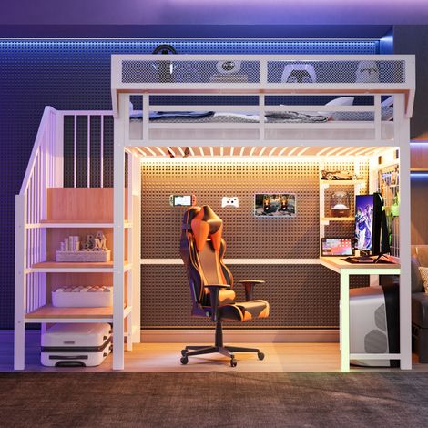 Lit mezzanine métal 90x200cm blanc avec bureau, étagère, filet rangement, échelle sécurité, éclairage LED, prise