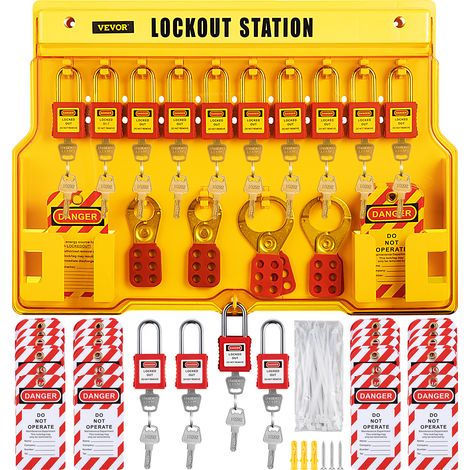 VEVOR Kit de Candado de Seguridad 58 PCS Kit de Bloqueo y Etiquetado 14 Candados Cerraduras de bloqueo y etiquetado 39,37x55,88 cm con Cerrojos de 6 Orificios para Maquinaria, Equipos Electricos