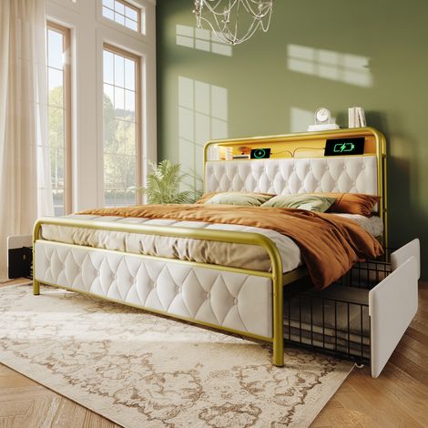 Cama doble 140x200 cm con carga USB Tipo-C estructura metálica 4 cajones tapizada en terciopelo blanco (Sin Colchón)