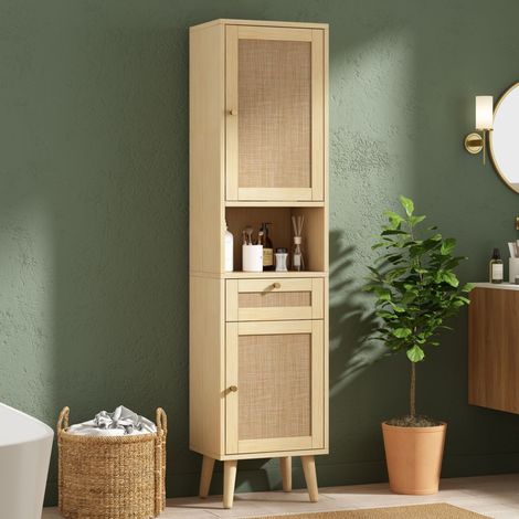 Columna de baño 40x30x166 cm - mueble alto auxiliar de mdf y ratán con puertas reversibles cajón y estante abierto - madera natural (1/5)