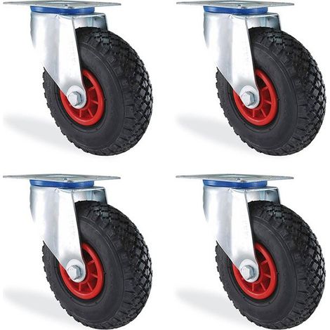 Lot de 4 roulettes pivotantes gonflables 200mm – Charge 300kg – Fixation 105x80mm – Largeur 50mm pour matériel d'atelier – HTR