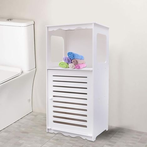 Armoire de salle de bain à trois niveaux avec porte, ouverte, pour salle de bain, salon, cuisine, blanc, 38 x 28 x 80 cm (1/5)