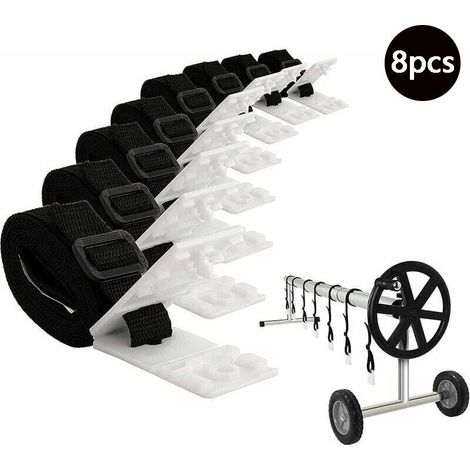 8 pièces enrouleur bâche piscine, sangles nylon + clips plastique pour couverture solaire, fixation velcro sur tube rouleau de piscine creusée (1/5)