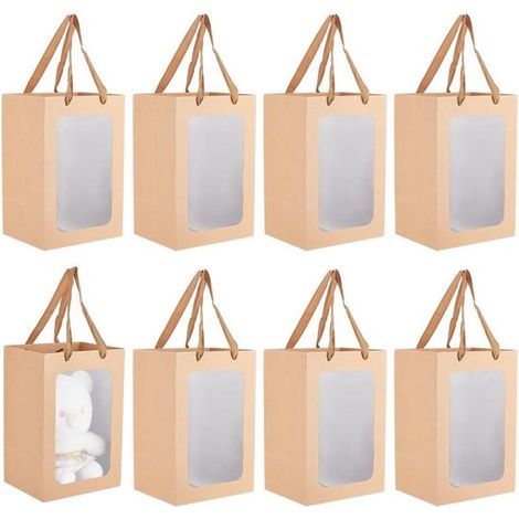 Bolsas de papel kraft marrón con ventana transparente de 30x20x16 cm, con asas, ideales para fiestas de cumpleaños (paquete de 8). (1/5)