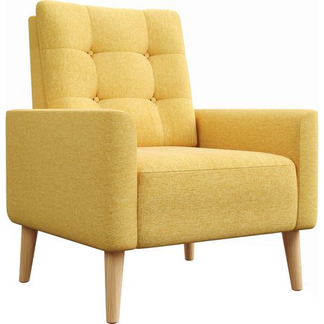Fauteuil - Canapé 1 Place en Polyester avec Pieds en Bois Massif Style Scandinave pour Chambre Salon Balcon Bureau (Jaune) (1/5)