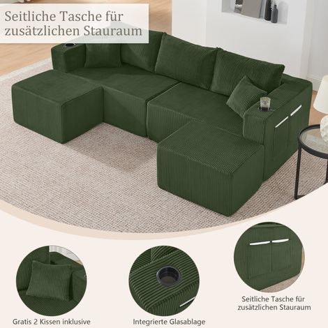 Canapé d'angle convertible 3 places, sofa compact en L avec ottomans amovibles, tissu velours côtelé moelleux, accoudoirs avec porte-verres et poche, coussins inclus, parfait pour salons, hôtels et st (1/5)