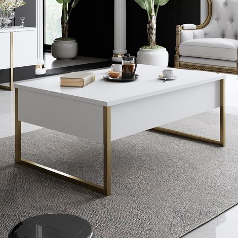 Rechteckig Couchtisch Weißer Luxus 90x60 - Goldener Rahmen