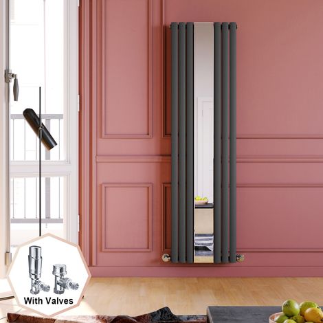 ELEGANT 1800 x 500 mm Anthracite Vertical Column Mirror Radiator Single Oval Panel Designer Bathroom Radiator + Chrome Thermostatic Radiator Valves (1/5)
