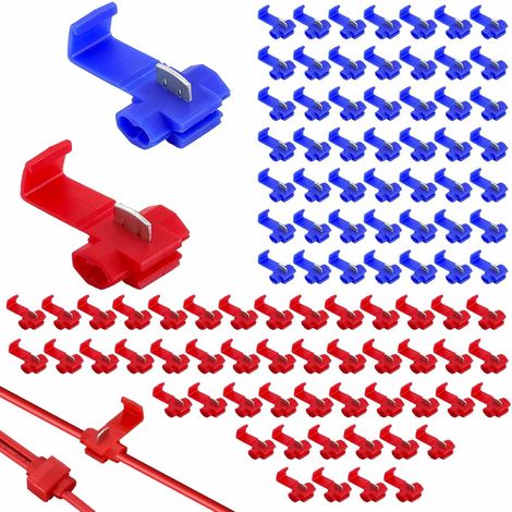 100 Pièces Connecteurs de Dérivation Rapides (Rouge et Bleu), Verrouillage Connecteurs Cosse Electrique Connecteur Rapide Connecteur Dérivation Auto-Dénudants Rapide Kit pour Fils et Câbles (1/5)