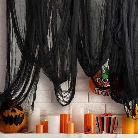 Tissu gaze effrayant d Halloween 85 x 394 pouces Tissu effrayant noir grande taille Décorations fête d Halloween décorer murs porte (1/5)