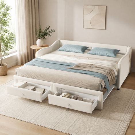 Cama diván moderna 90x200 cm de lino beige con cama nido extraíble 180x200, 2 cajones, somier de láminas (1/5)