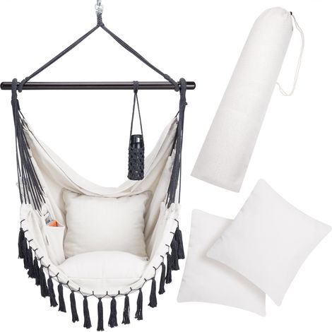 DETEX® Hängesessel bis 150kg Belastbar mit Flaschenhalter Boho Stil Wetterfest Garten 360° Drehbar Hängestuhl Indoor & Outdoor Kissen creme