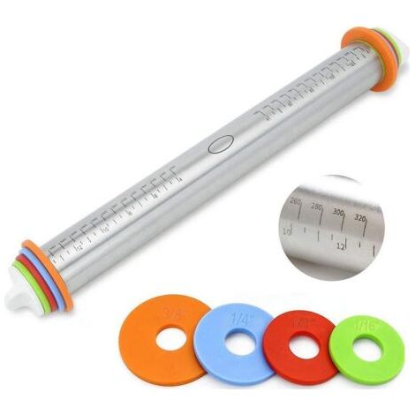 Rouleau à pâtisserie réglable – rouleau à pâtisserie en acier inoxydable, laminoir à pâte pour enfants, pour la cuisson de pâtes, biscuits, pizzas, pâtisseries et pâtes – avec 4 anneaux d'épaisseur ré (1/5)