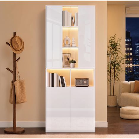 Vitrine haute 70x35x180 cm en MDF et aggloméré blanc avec LED, pour salon – MEUBLIV (1/5)