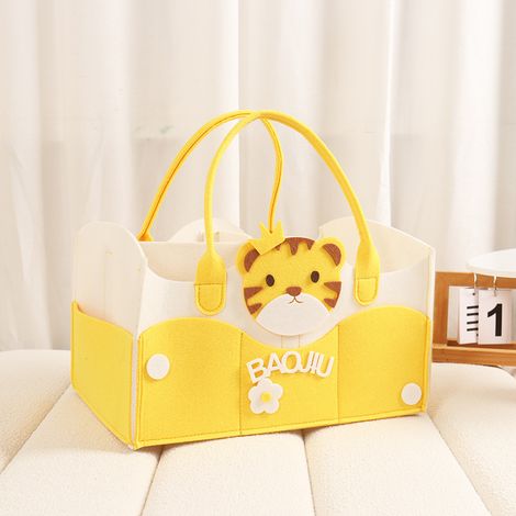 Gelb-weißer Aufbewahrungskorb aus Filz mit Königstiger-Applikation 35×23×20cm Wickeltasche mit geteilten Fächern und Doppelgriffen für Babyutensilien (1/5)