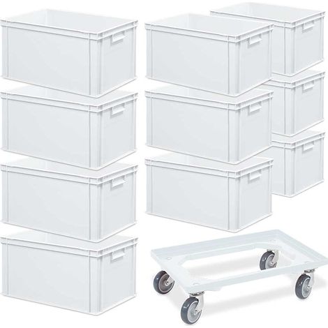 BRB 10 Euroboxen mit Griffleisten, LxBxH 600x400x320 mm, weiß + 1 Transportroller