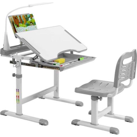 Bureau et chaise enfant gris avec plateau inclinable, lampe LED réglable et hauteur ajustable pour étude, dessin et chambre (1/5)