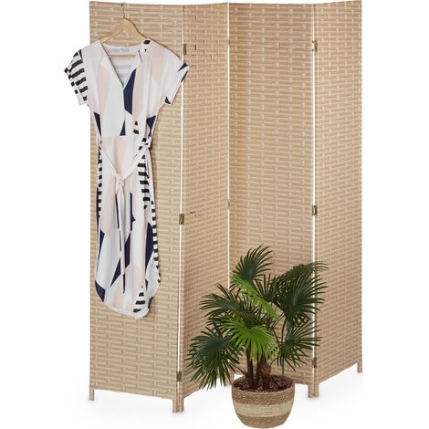 Relaxdays Paravent à 4 volets, brise-vue pliable, plastique et bois, H x L : 170 x 160 cm, pour intérieur, marron clair (1/5)