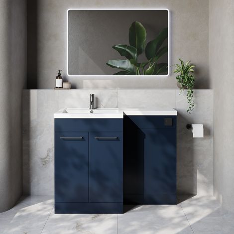 Napoli 460 Deep Blue 1100mm 2 Door Vanity Unit Toilet Suite with Left Hand Square Lucia Basin - 1100mm - Gunmetal Grey 160mm HandleWithout Kingston Toilet Pan