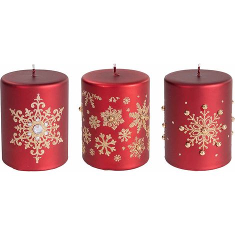 Candele di Natale rosse decorate con fiocchi di neve dorati e brillantini oro, set da 3 pezzi, Ø 7,5 cm x 9,5 H