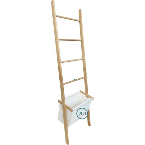 Échelle porte-serviettes design moderne salle de bains 170 x 50 x 21 cm avec panier intégré en bois naturel (1/4)