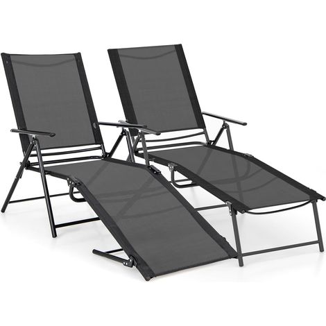 Lot de 2 Chaises Longues Pliantes à 6 Positions, en Cadre Métallique, Dossier Réglable, pour Piscine, Patio, Charge 150 KG (Noir) (1/5)