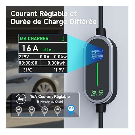 Electric Car Charger 3.6kW 8m, 6-16A Cable Type 2, Portability Electric Car Charging Cable with LED Display and Bag, Compatible with EV/PHEV IEC 62196-2 (1/4)