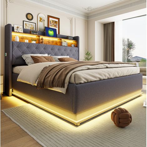 Cama tapizada 180x200 cm gris con LED, USB y almacenaje hidráulico (1/5)
