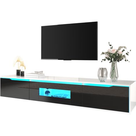 Meuble TV LED mural 180 cm noir et blanc brillant, avec portes rainurées, 16 couleurs et 4 modes d’éclairage, panneau de particules, CHICFURN (1/5)