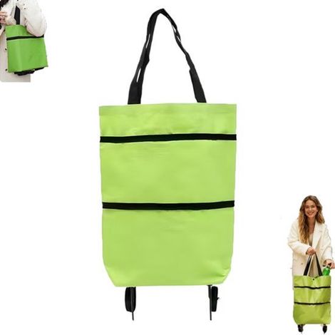 Chariot de courses pliable et léger 2 en 1 - Chariot de courses pliable à roulettes - Sacs de courses réutilisables - Vert - Chariot de courses pliable avec sacs - Sac de courses portable à roulettes (1/5)
