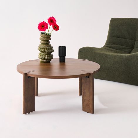 Table basse ronde en bois de manguier massif noyer 80 cm - Reva