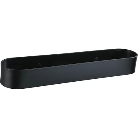 Estante flotante multifuncional negro con toallero y espacio para guardar cosméticos, fabricado en aluminio.